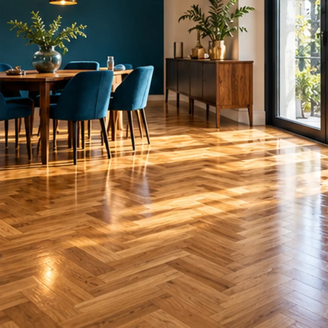 Comedor con piso de madera en espiga y terminación brillante