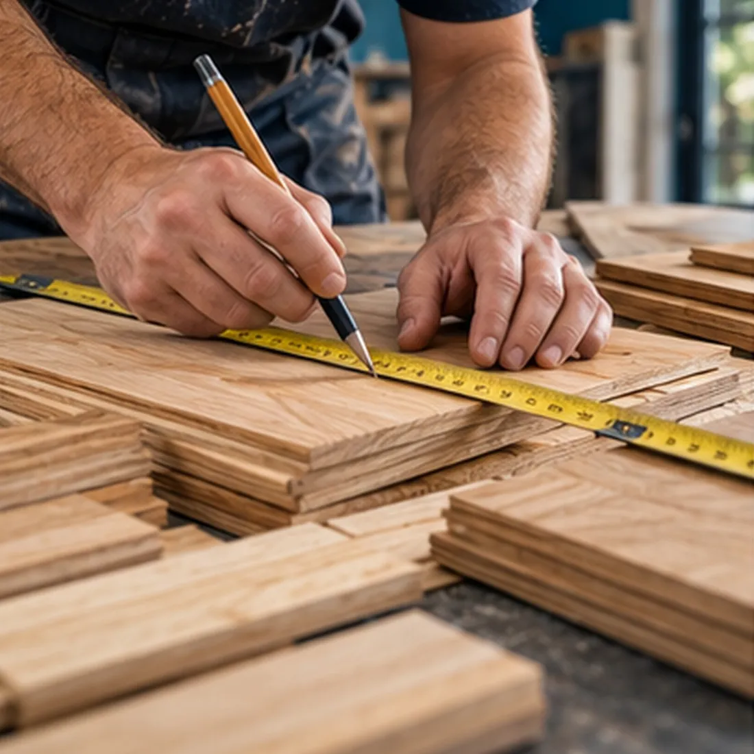 Medición y marcado de tablas de madera antes de la colocación