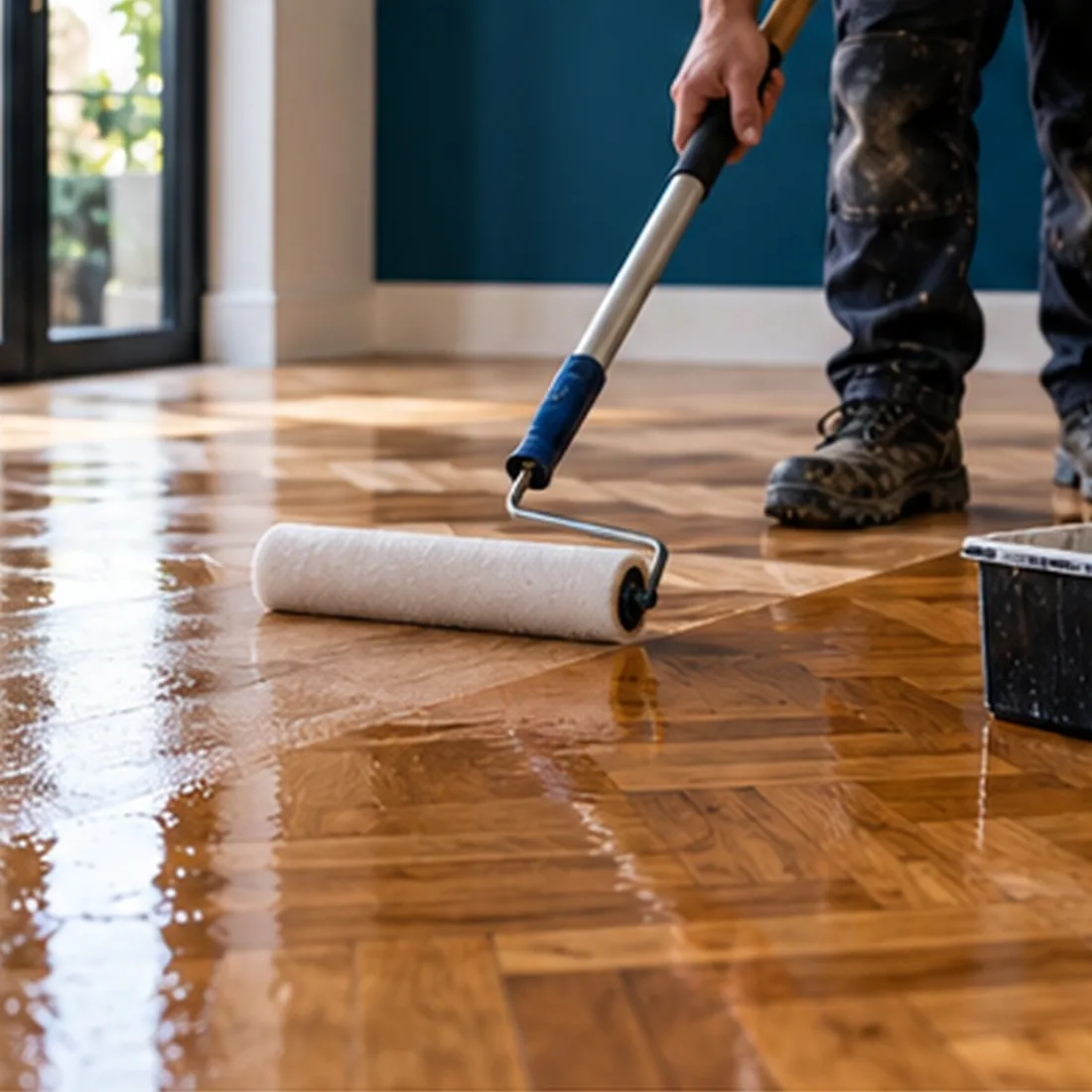 Rodillo aplicando plastificado sobre un parquet en espiga recién pulido