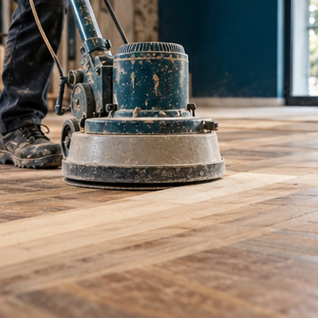 Pulidora de disco trabajando sobre un parquet gastado